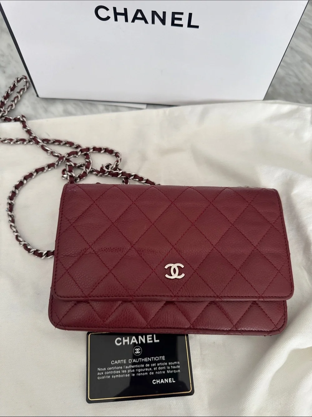 Chanel Burgundy Quilted Caviar Wallet on Chain. Burgundy. Pebbled leather.